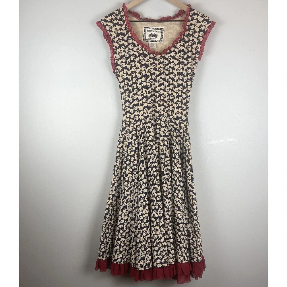 Effie's Heart Navy and Cream Floral Midi Dress with Red Trim - Picture 1 of 15